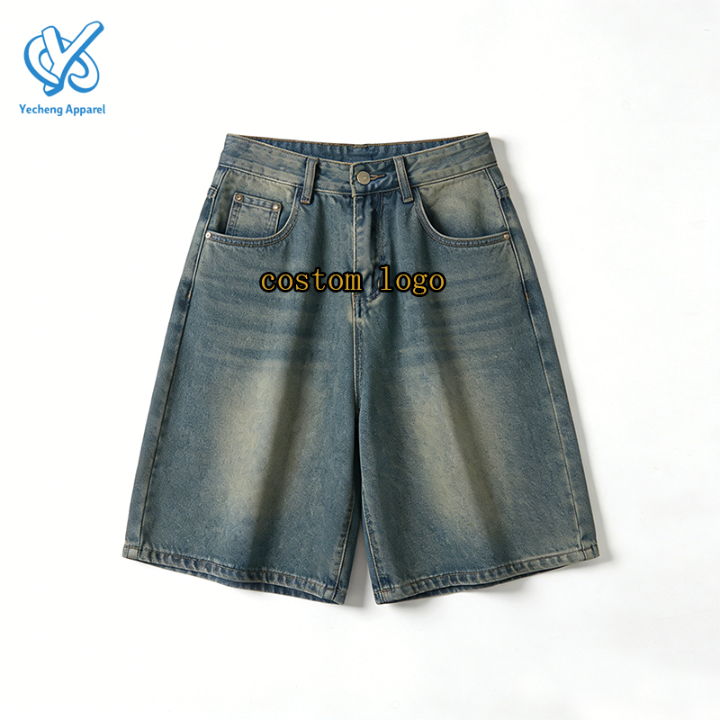 Custom Acid Wash Rhinestone Cotton Summer Button Fly Denim Faded Knee Length Comfortable Stylish Men's Shorts
