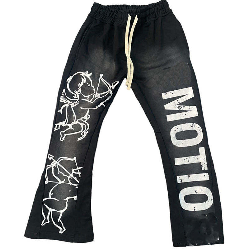 Custom 100% Cotton Streetwear Flared Jogger Trackpants 3D Puff Print Fleece Sweatpants Men Flare Stacked Sweat Pants