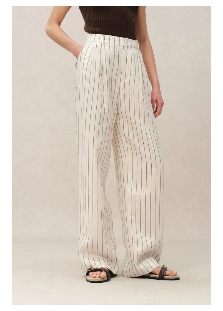 Wholesale Luxury Women Suits Pants with Pinstripes Linen Fabric and Loose Straight Fit Design