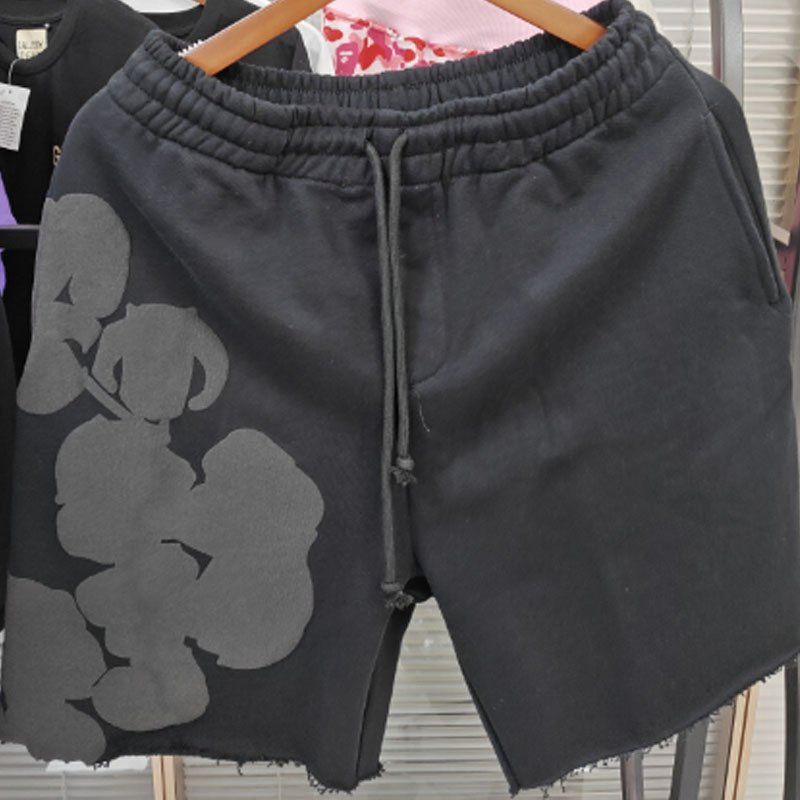 Denim Tears Men Black 3D Floral Print Summer Shorts, Casual Streetwear Cotton