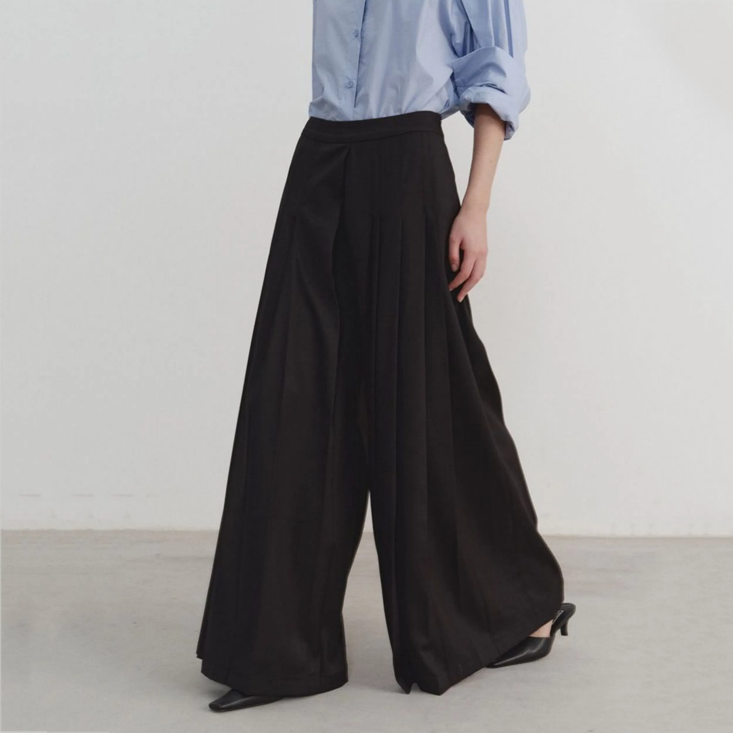 Factory Customization Oversized Gray Wide-Leg Culottes with High Waist and Floor-Length Loose Trousers