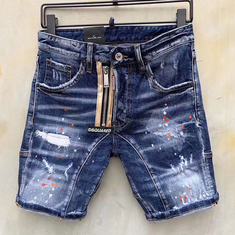 Men's Summer Fashion Denim MID-Shorts - Gold Leather Zipper White Paint Button Straight Five-Point Trend Bottoms