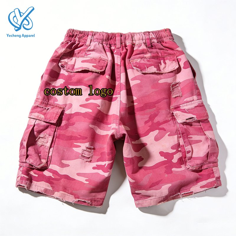 Custom Digital Printed Cotton Summer MID Rise Cargo Shorts Elastic Waist Camo Pockets Distressed Casual Men's Shorts