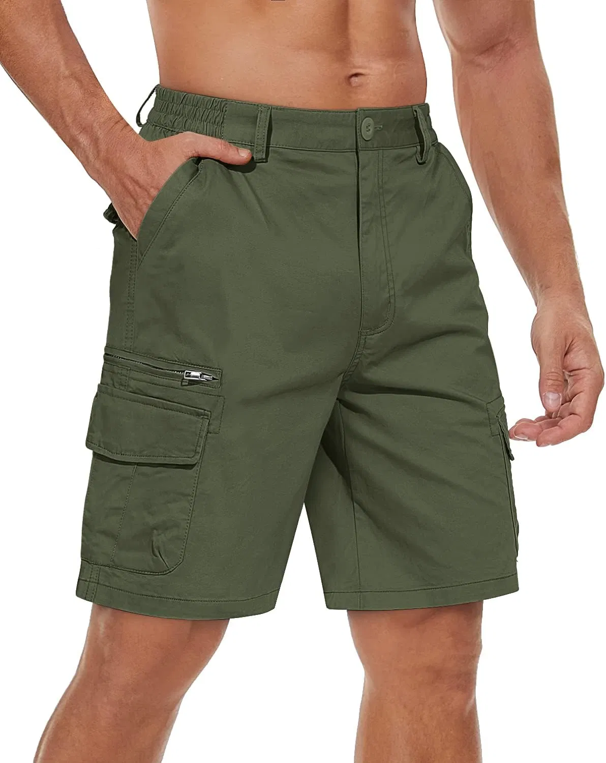 Men's Cargo Short 7 Pockets Comfortable Cotton Elastic Waist Causal Work Shorts