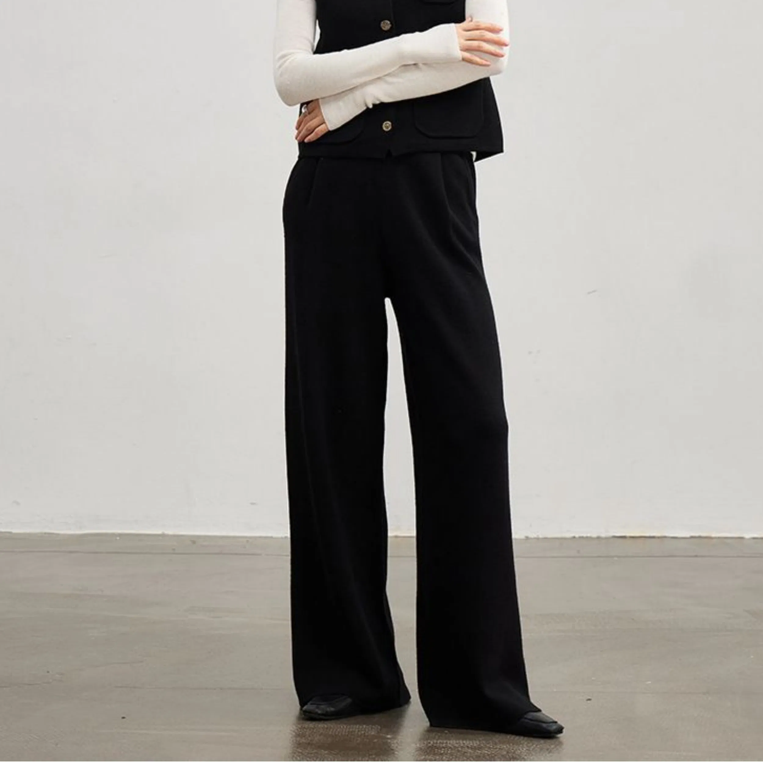 Factory Customization High-Waisted Wide-Leg Wool Trousers for Spring and Autumn, Drapey Warm Straight Knitted Trousers