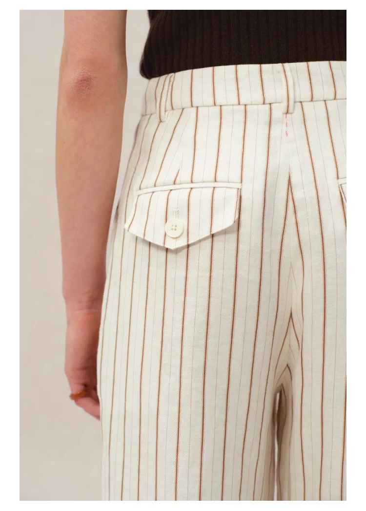 Wholesale Luxury Women Suits Pants with Pinstripes Linen Fabric and Loose Straight Fit Design