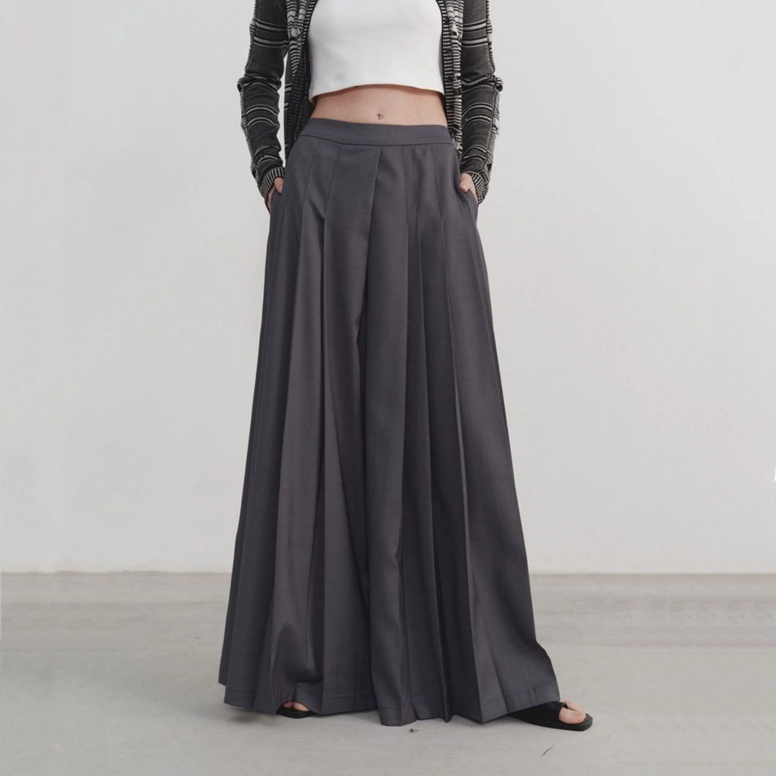 Factory Customization Oversized Gray Wide-Leg Culottes with High Waist and Floor-Length Loose Trousers