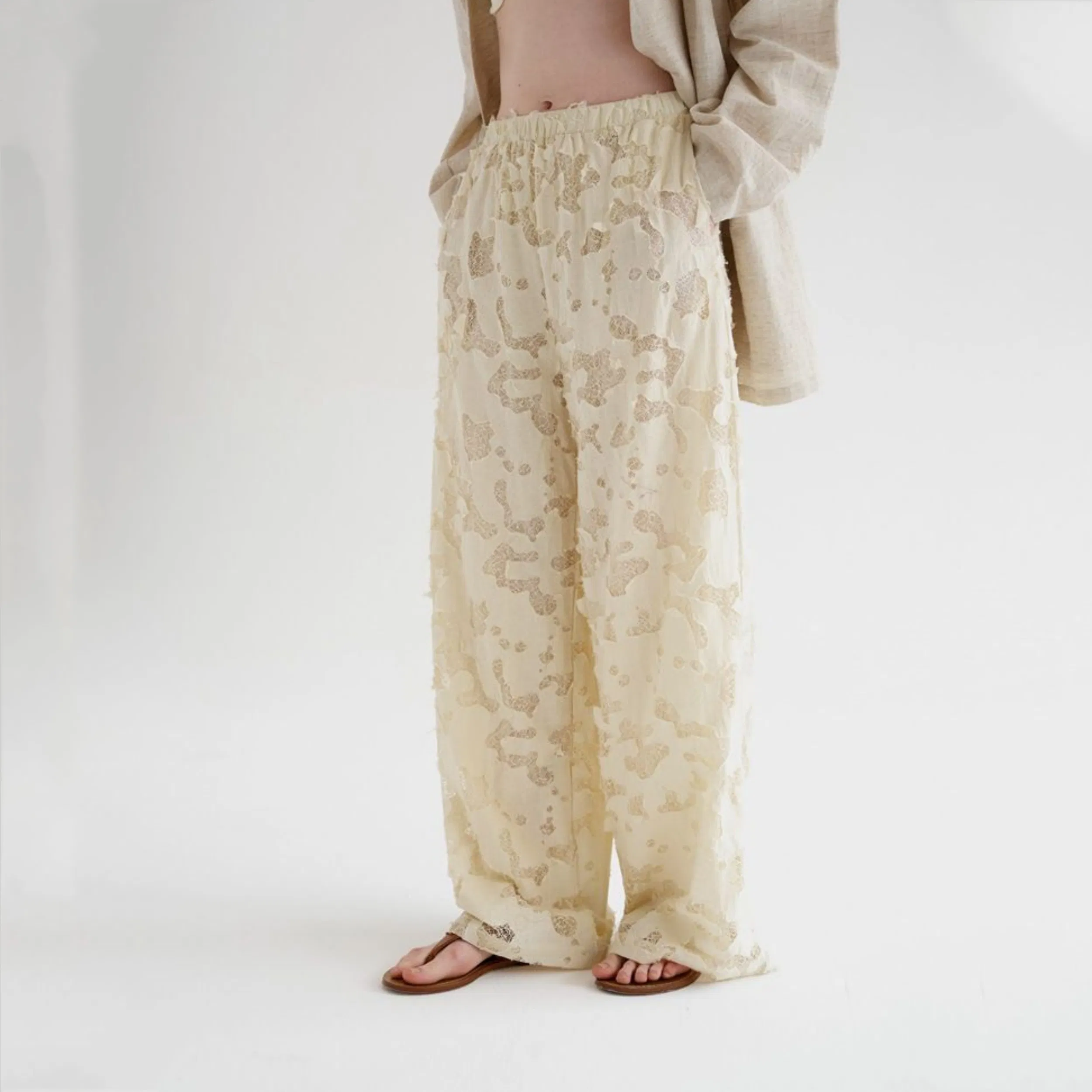 Factory Customization Casual Hollow Jacquard Trousers for Women Summer High Waist A Line Wide Leg Trousers