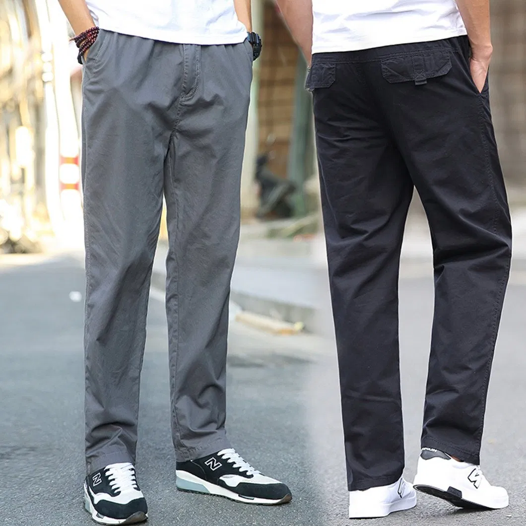 Men's Elastic Waist Custom Logo Khaki Cargo Pant Straight Leg Cotton Trousers Chinos Jeans Pants
