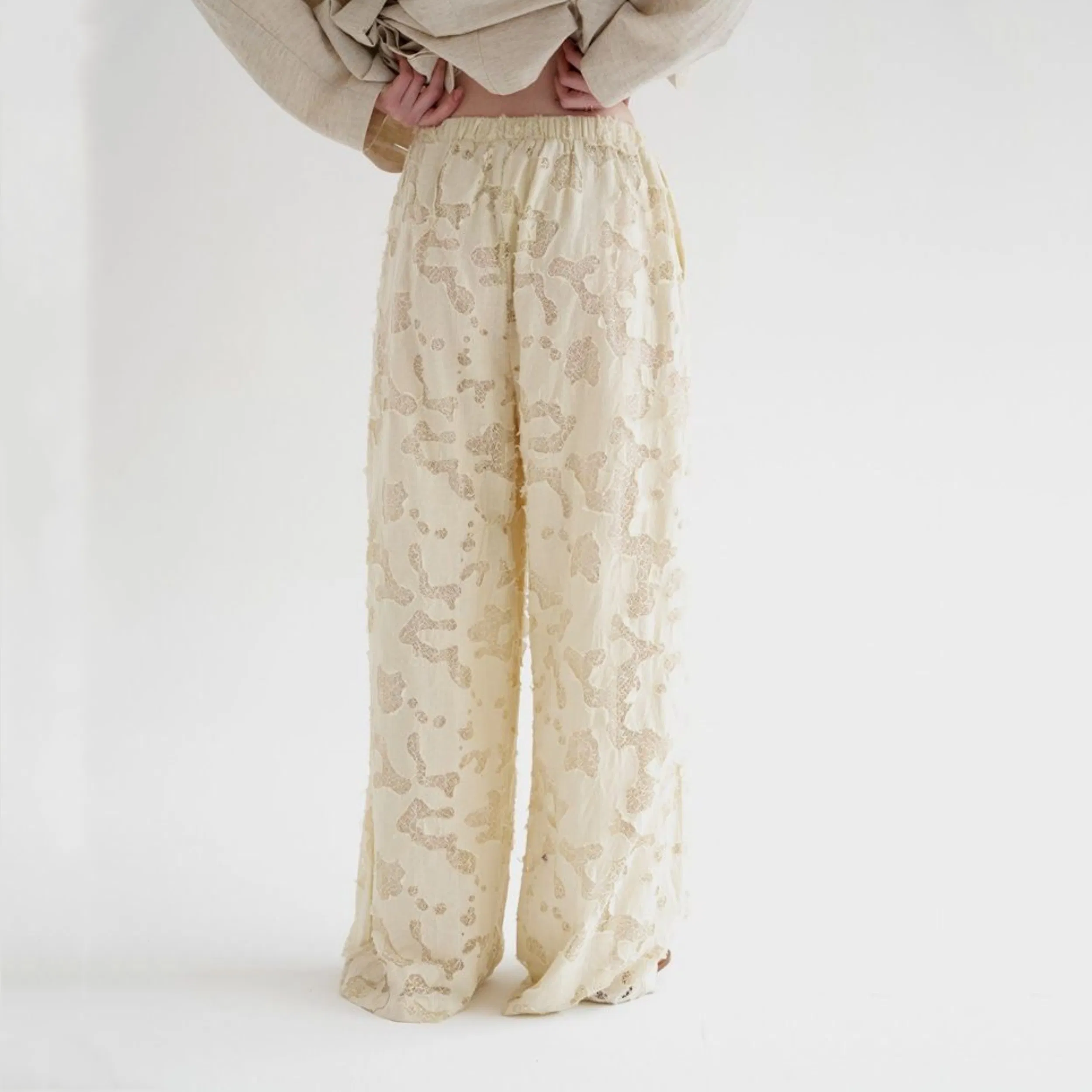 Factory Customization Casual Hollow Jacquard Trousers for Women Summer High Waist A Line Wide Leg Trousers