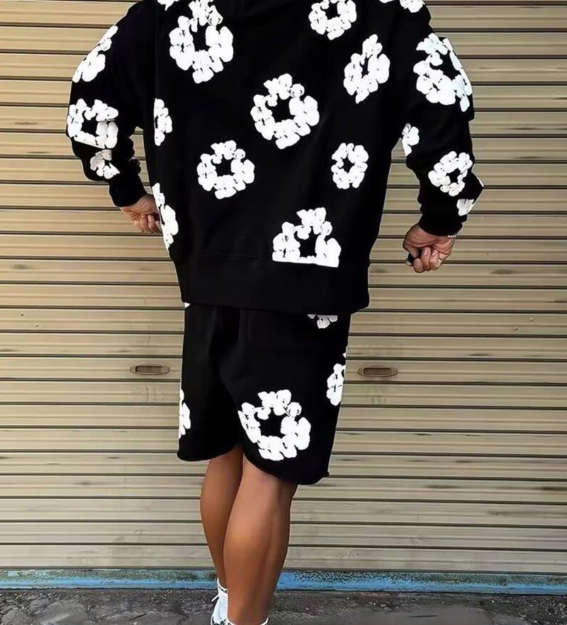 Denim Tears Men Black 3D Floral Print Summer Shorts, Casual Streetwear Cotton