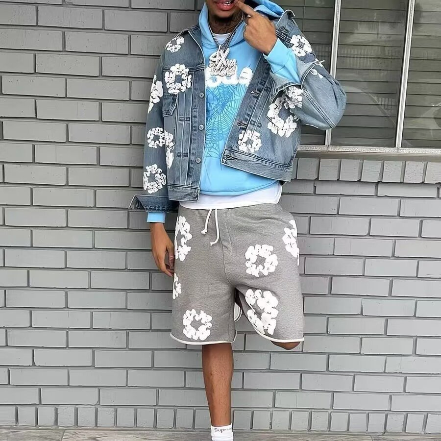 Denim Tears Men Black 3D Floral Print Summer Shorts, Casual Streetwear Cotton