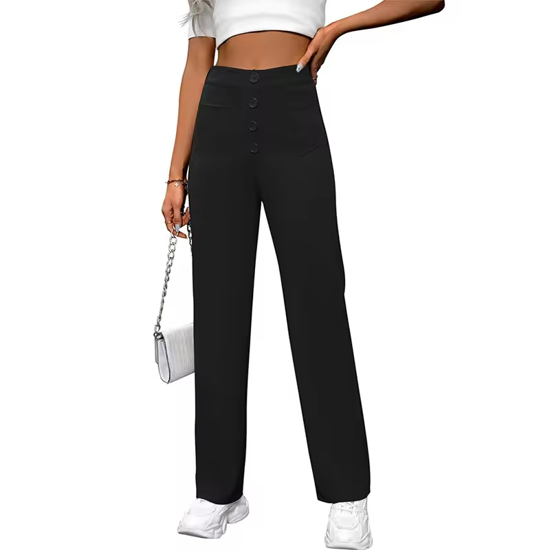Women's High Waist Button Trousers Wide Leg Casual Loose Straight Design Breathable Pants for Spring Summer