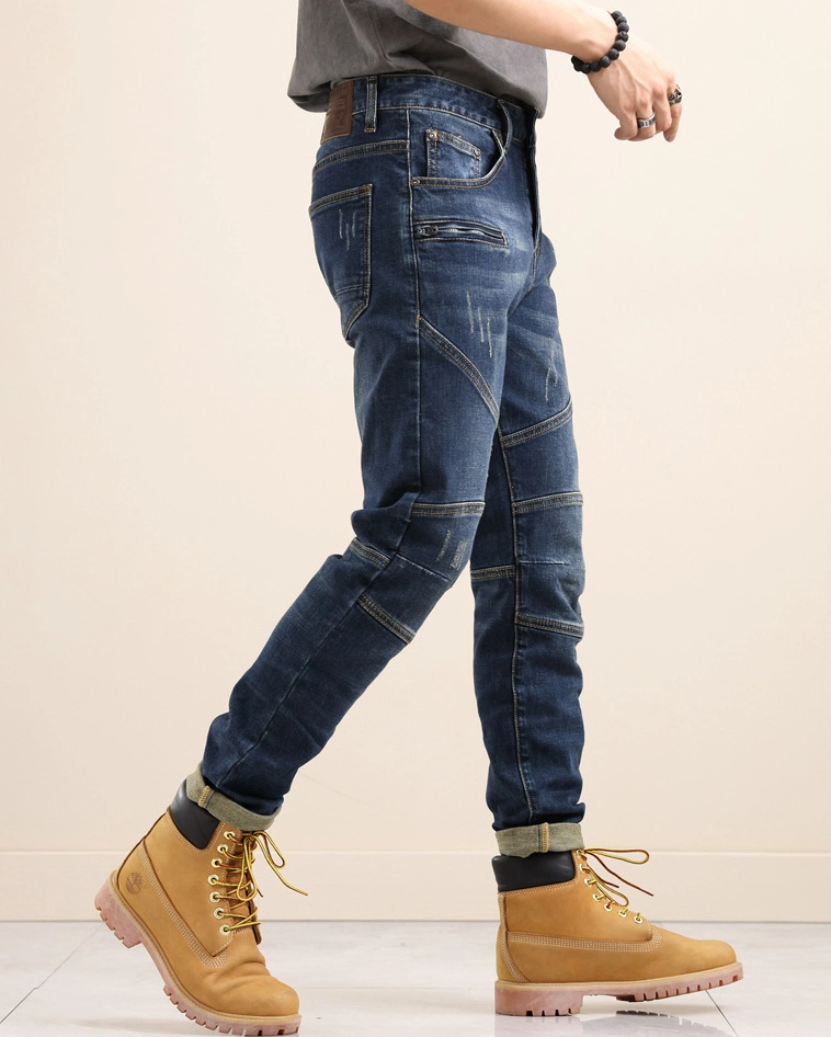 Motorcycle Jeans Slim Fit Stretch Fashion Pants Stitching Trousers