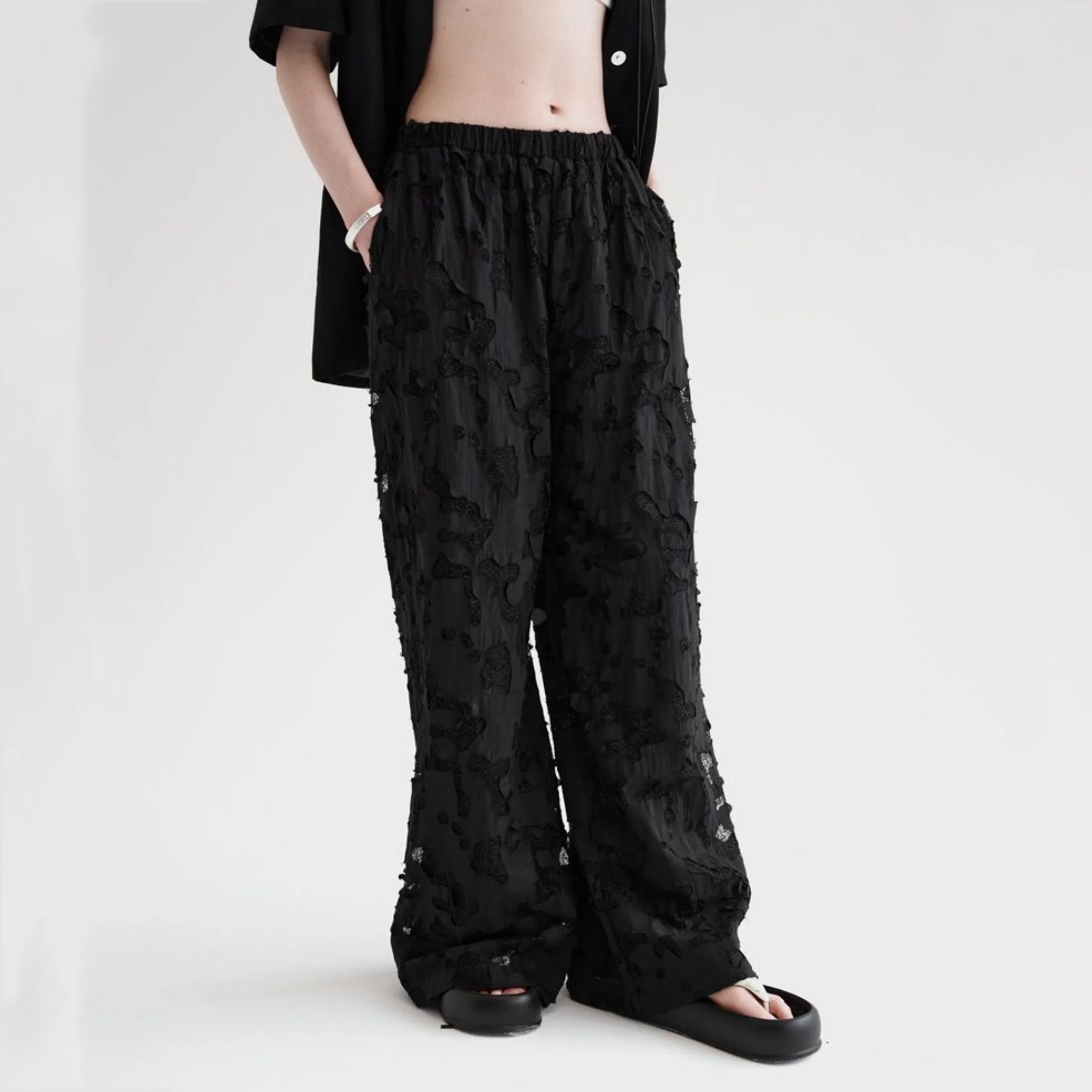 Factory Customization Casual Hollow Jacquard Trousers for Women Summer High Waist A Line Wide Leg Trousers