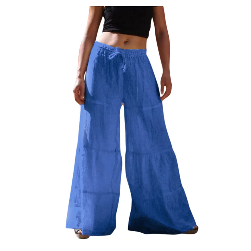 Spring and Autumn Hot Women Cotton and Linen Loose Solid Colour Elastic Waist Plus Size Wide Leg Trousers
