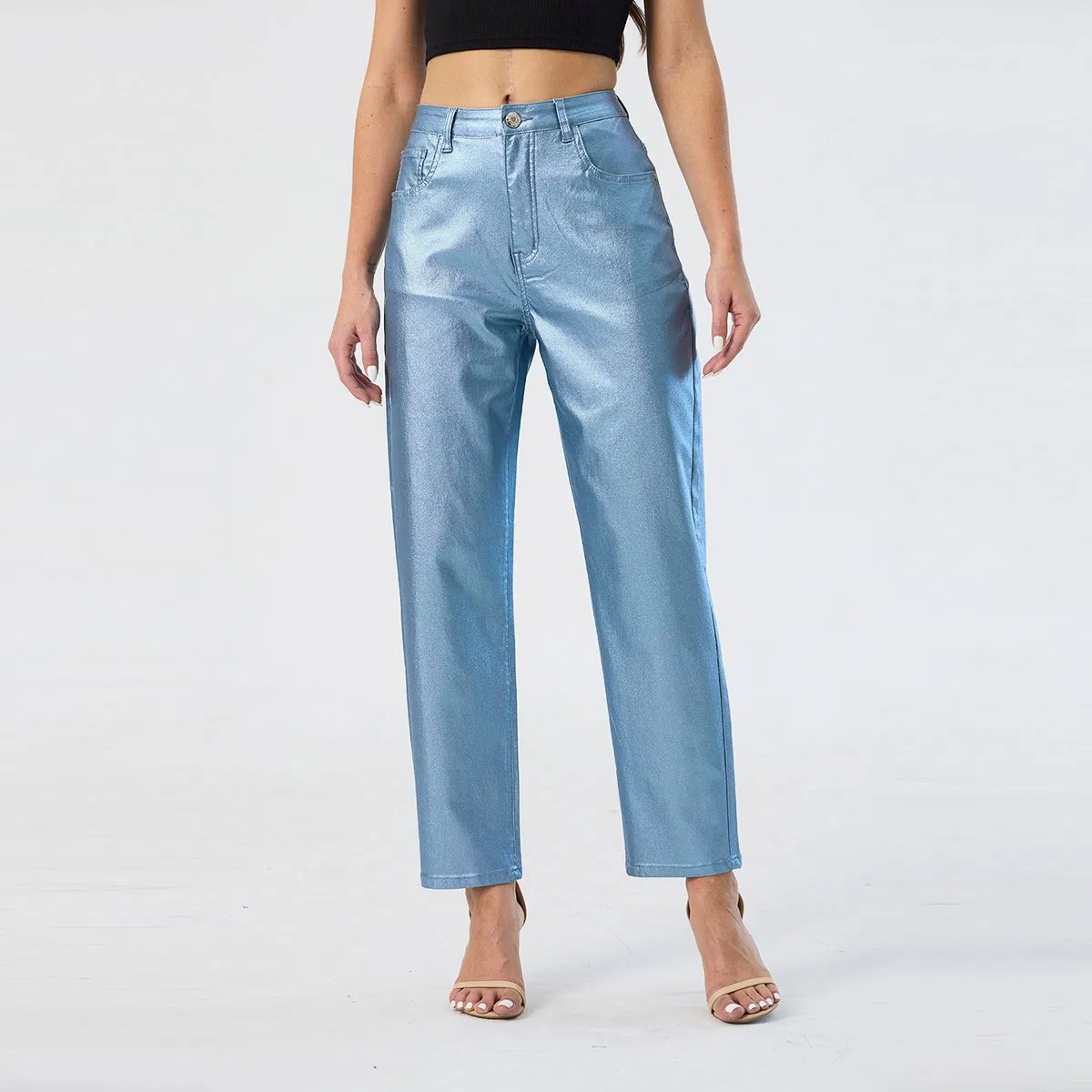 Custom Blue Colored Pants Straight High Waist Stretchy Party Trousers for Women