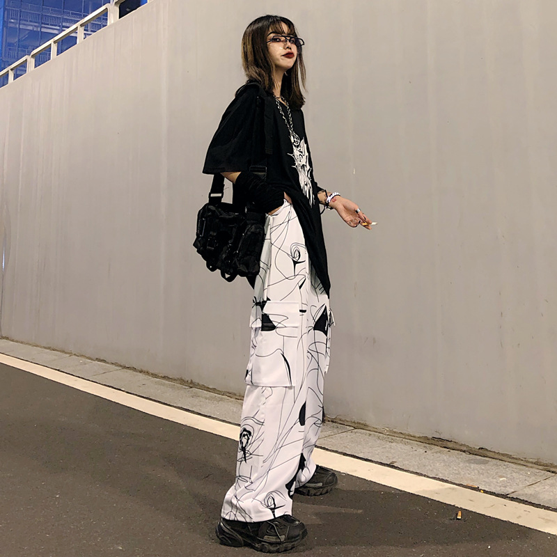 Dark Black Trousers Women's Spring and Autumn Black and White Geometric Figure Printed Trousers Loose All-Match Wide-Leg Straight-Leg Casual Trousers
