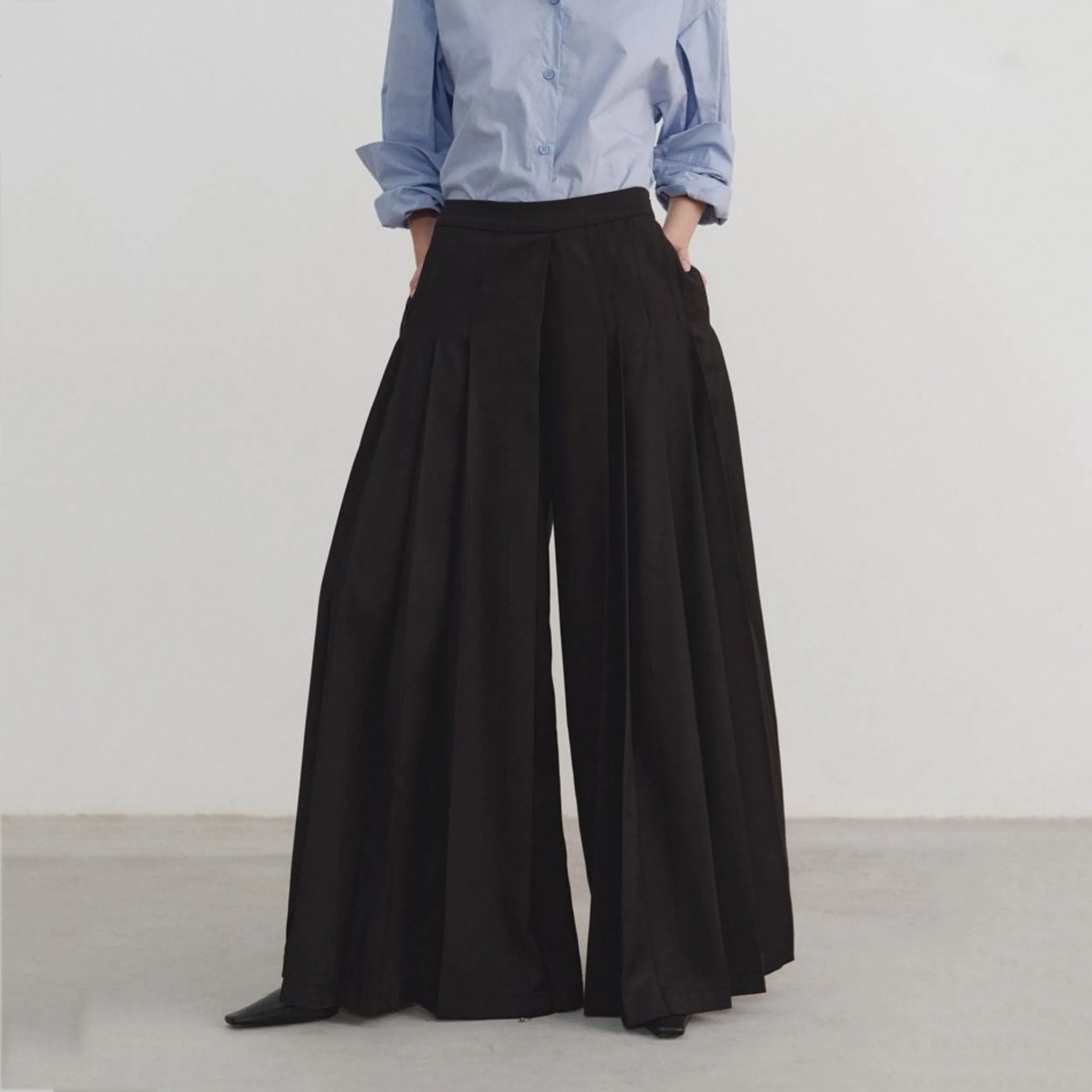 Factory Customization Oversized Gray Wide-Leg Culottes with High Waist and Floor-Length Loose Trousers