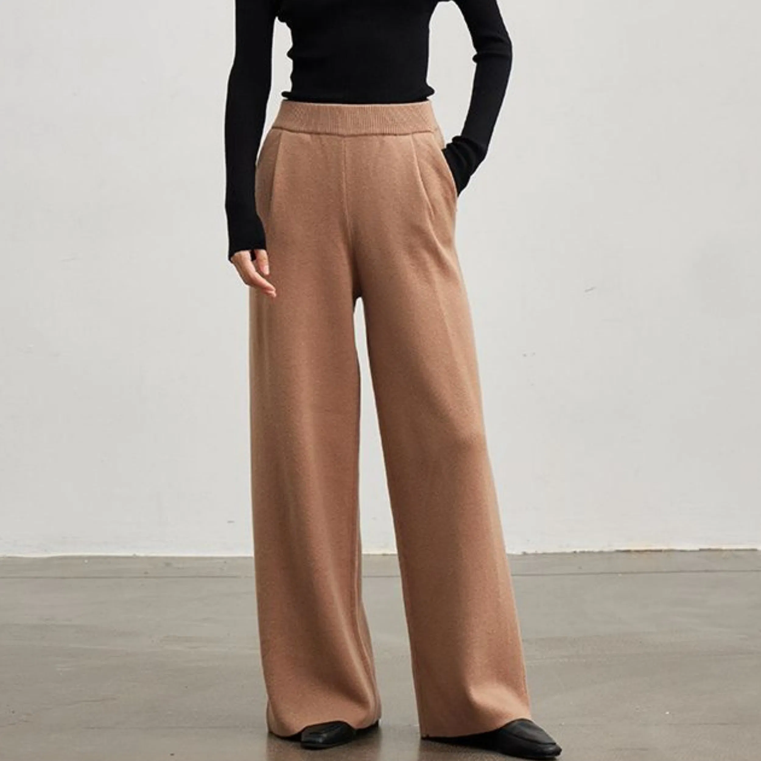 Factory Customization High-Waisted Wide-Leg Wool Trousers for Spring and Autumn, Drapey Warm Straight Knitted Trousers