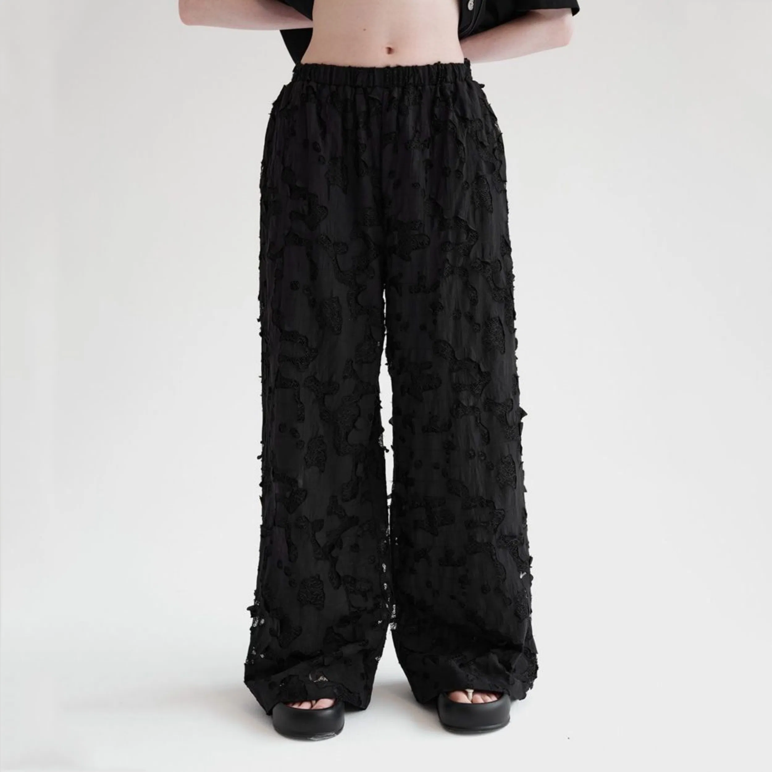 Factory Customization Casual Hollow Jacquard Trousers for Women Summer High Waist A Line Wide Leg Trousers