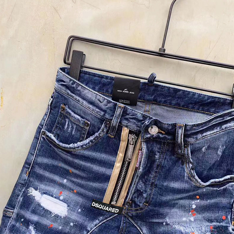 Men's Summer Fashion Denim MID-Shorts - Gold Leather Zipper White Paint Button Straight Five-Point Trend Bottoms