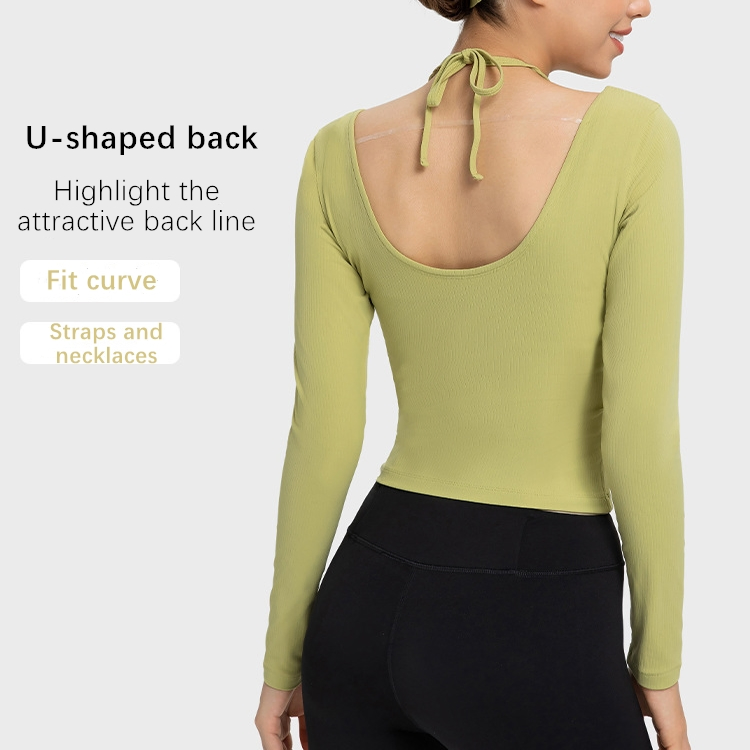 Xsunwing New Ribbed Sexy Halter Neck Yoga Bra Long Sleeve T Shirt Breathable Quick-Drying Fitness Seamless Tops with Thumb Hole Wdq027