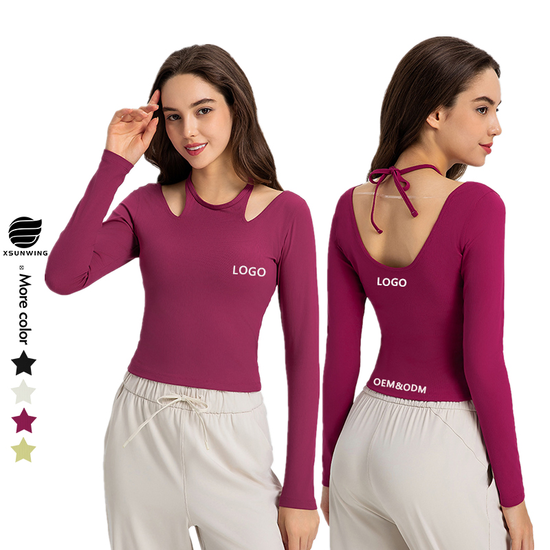Xsunwing New Ribbed Sexy Halter Neck Yoga Bra Long Sleeve T Shirt Breathable Quick-Drying Fitness Seamless Tops with Thumb Hole Wdq027
