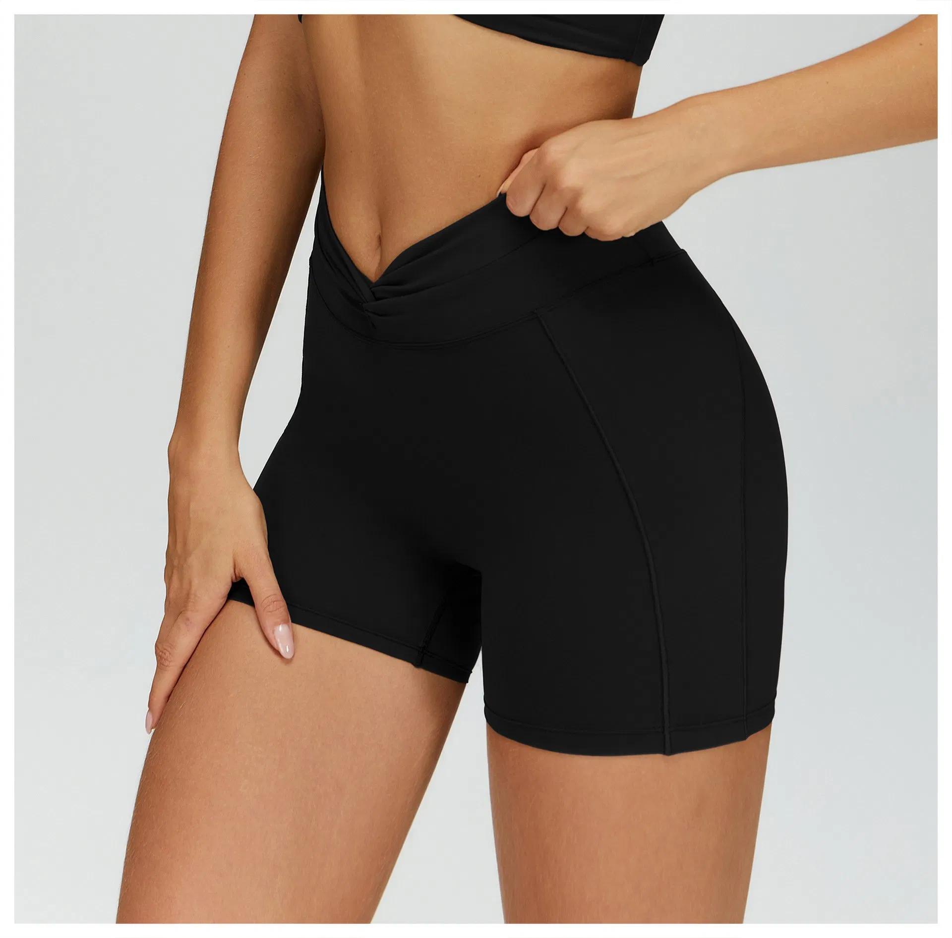 Yoga Shorts, Cross-Over Pleated High-Waisted Shorts, Outdoor Sports Running Fitness Shorts