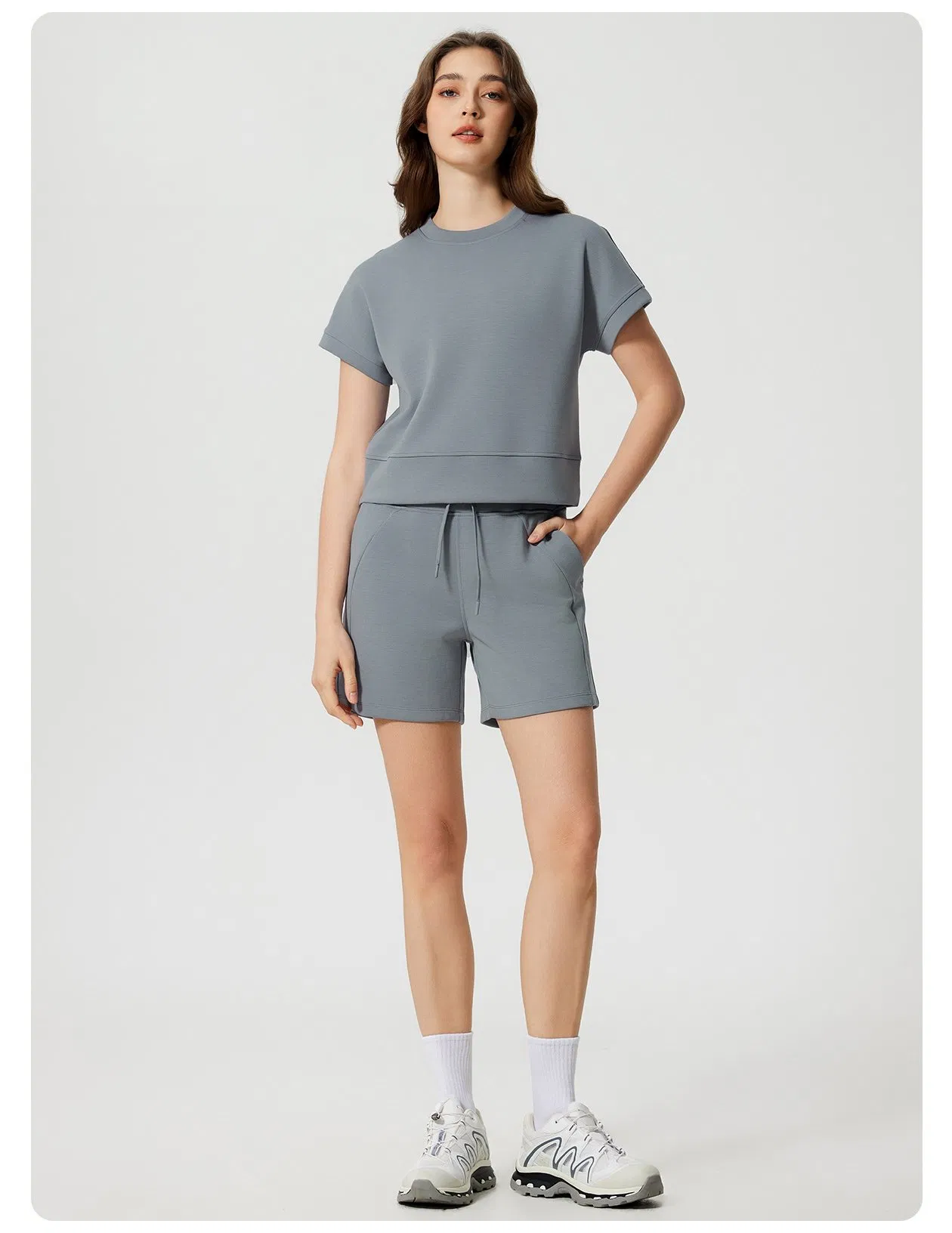 OEM/ODM Custom Activewear Breathable Air-Layer Solid Color Short Sleeve T-Shirts Women Workout Gym Casual Shorts 2 Peice Sets