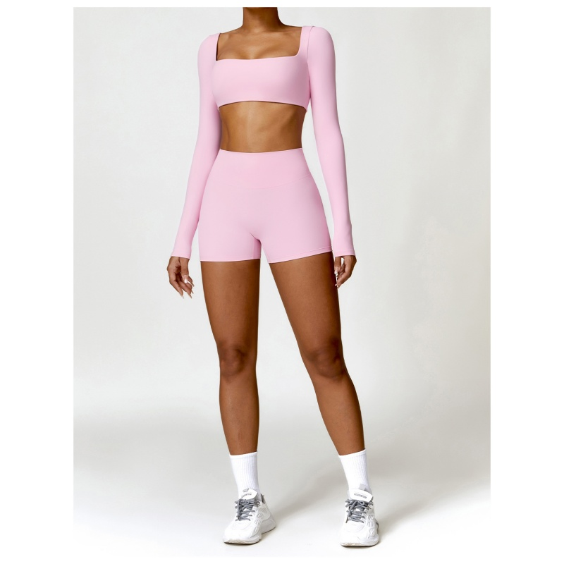 Women 2 Piece Yoga Finesss Activewear Suit Square Neck Long Sleeve Crop Tops High Waist Biker Shorts Workout Gym Sets