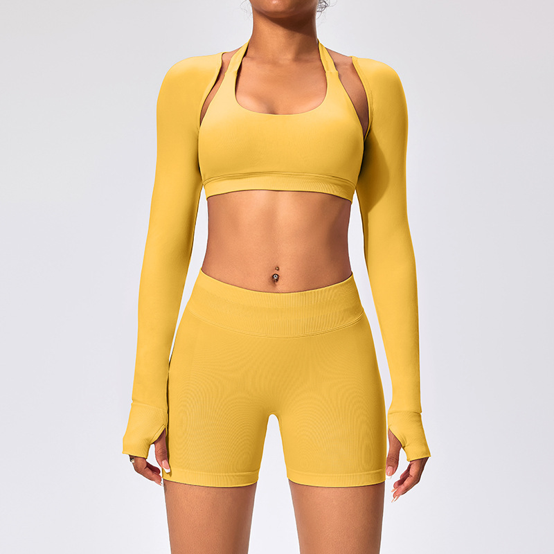 2025 New Ladies Seamless Shorts Set Yoga Bra Fitness Outfit Sports Top Quick-Dry Bra Long Sleeve Jacket High-Waist Shorts Custom Logo