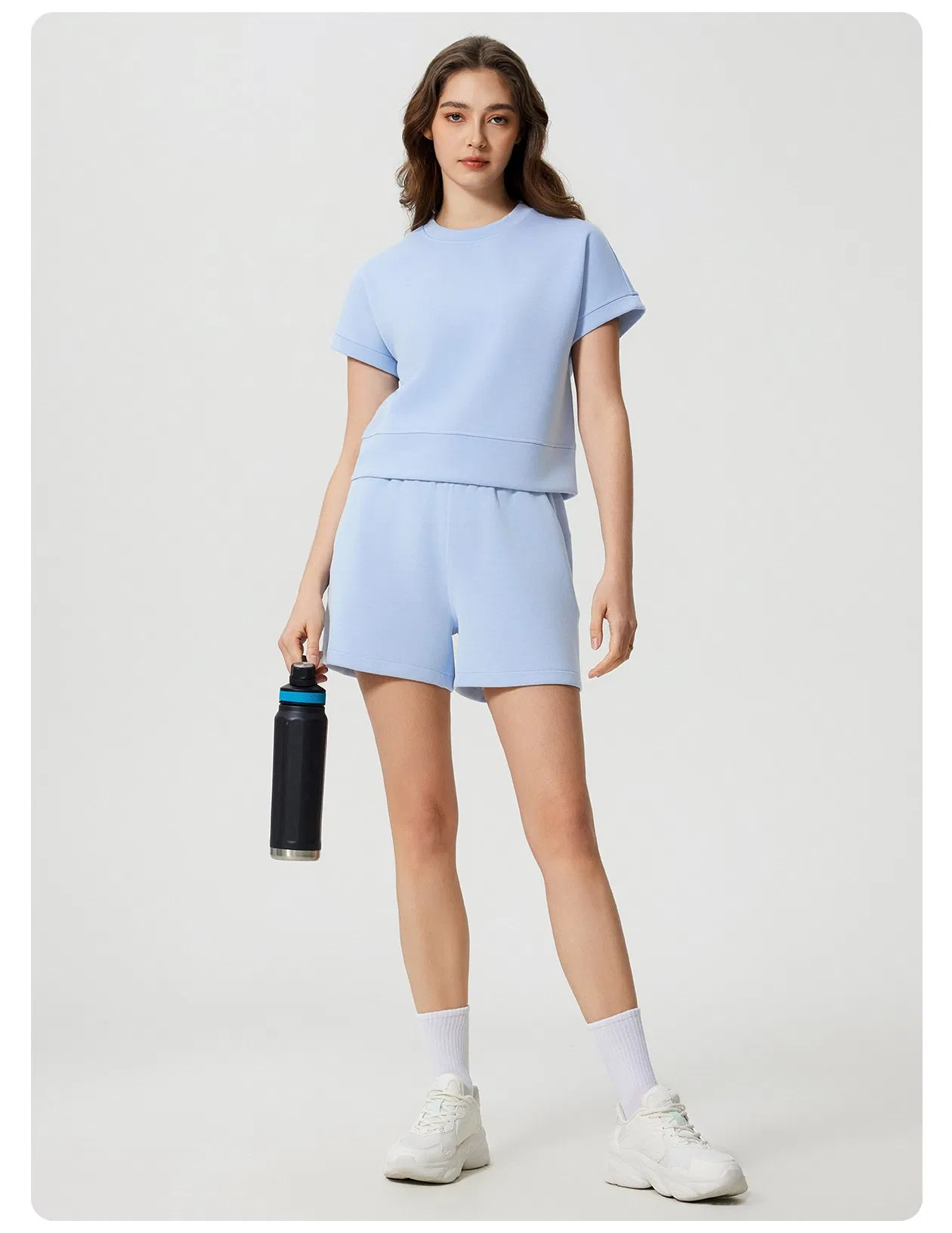 OEM/ODM Custom Activewear Breathable Air-Layer Solid Color Short Sleeve T-Shirts Women Workout Gym Casual Shorts 2 Peice Sets