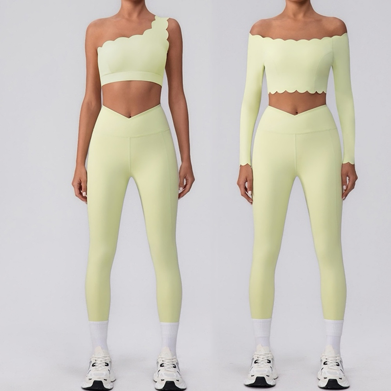 Hot Sale 3PCS Fashion Petal Edge Activewear Set Trendy One Shoulder Bra + Crop Top + Yoga Pants Matching Workout Clothing Premium Running Outfit Suit