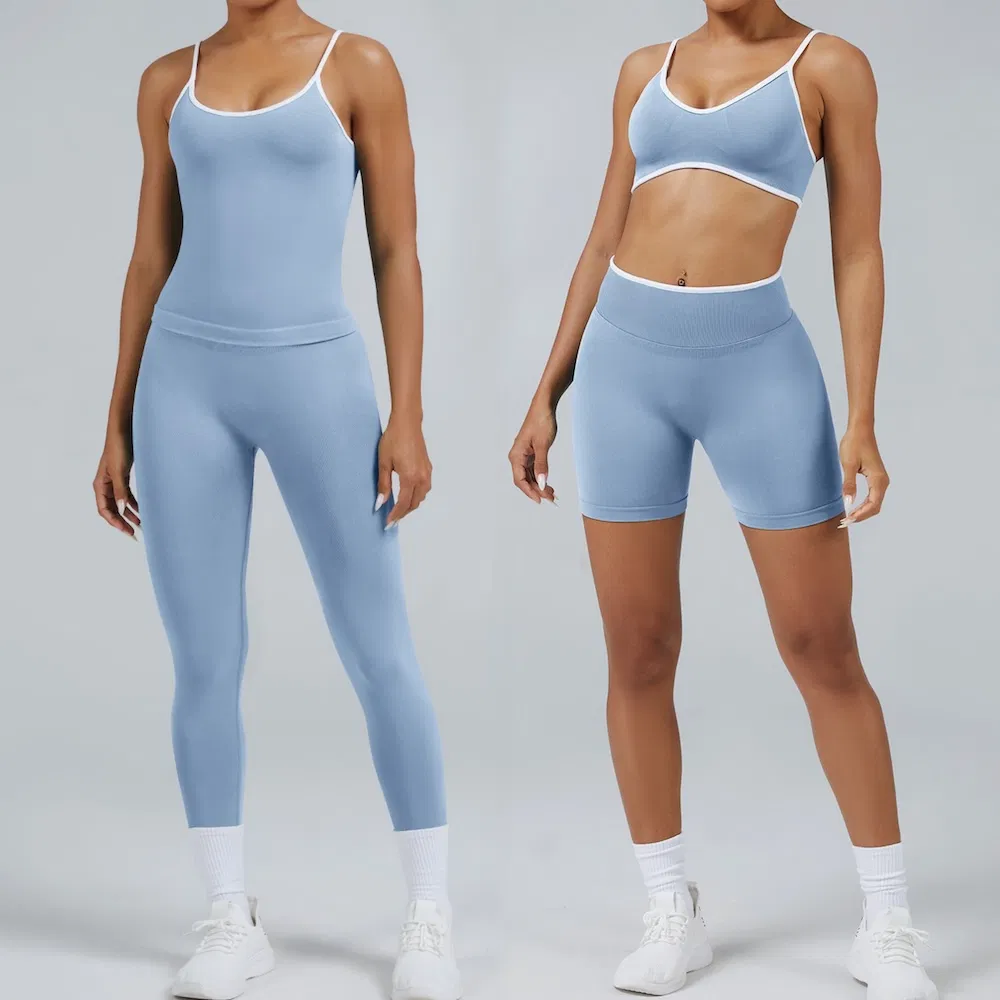 Bespoke Logo 4PCS Color-Block Cute Workout Sets Seamless Yoga Outfits Factory, High Quality Gym Wear Workout Sets for Women Bra Vest Shorts Matching Workout Set
