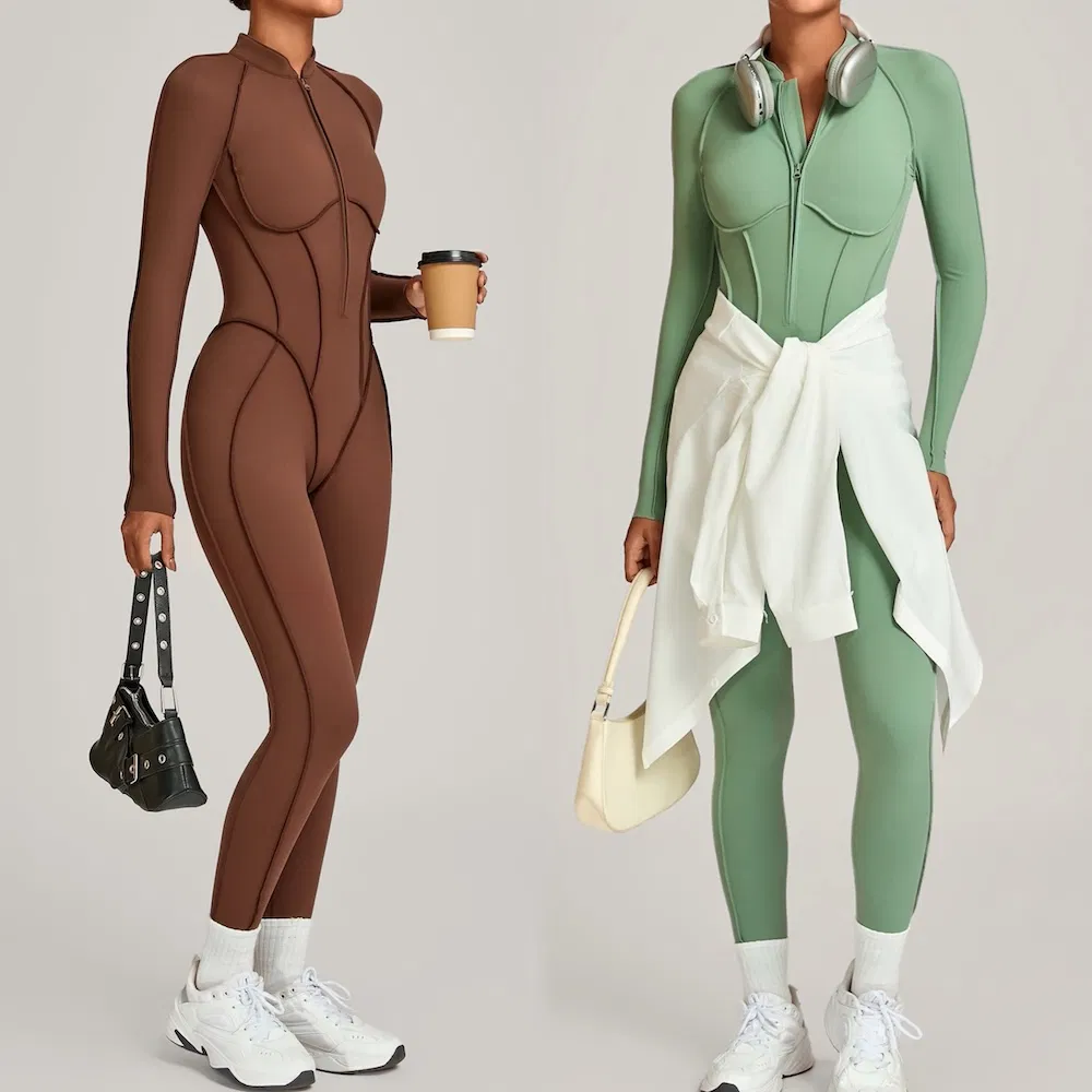 High End Gym Outfits Long Sleeve Workout Bodysuit for Women, One-Piece Casual Sporty Ropa Deportiva Zipup Yoga and Pilates Fitness Romper with Fantastic Sewing
