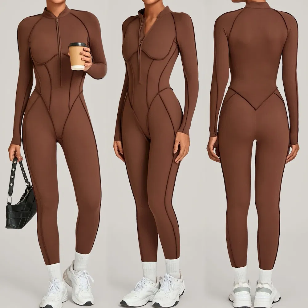 High End Gym Outfits Long Sleeve Workout Bodysuit for Women, One-Piece Casual Sporty Ropa Deportiva Zipup Yoga and Pilates Fitness Romper with Fantastic Sewing