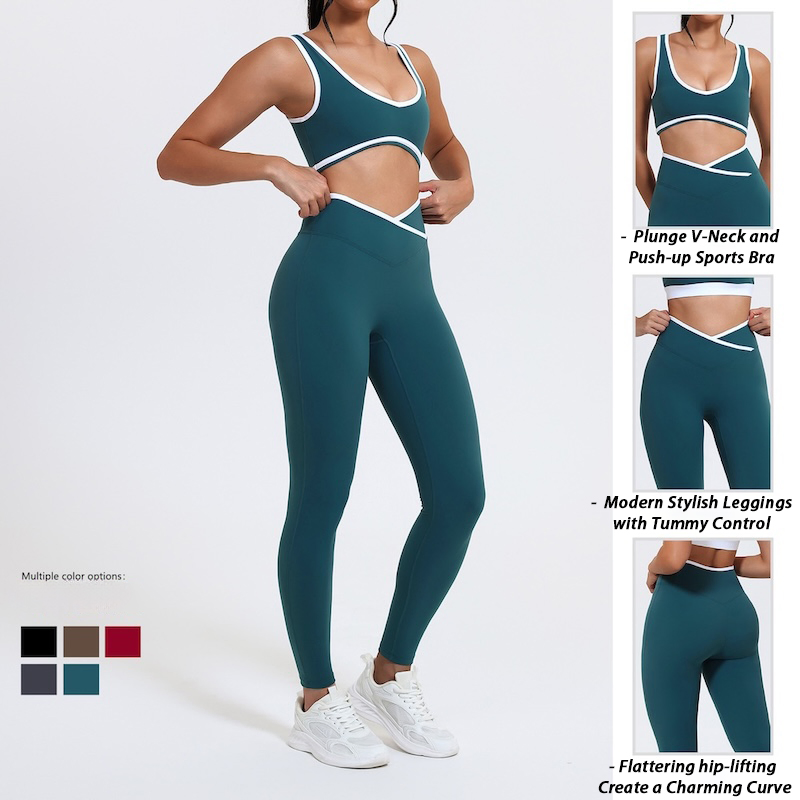 Custom Logo 4 Piece High Quality Activewear Set for Women, Color-Block Fitness Sexy Sports Bra + Gym Shorts + Workout Leggings Matching Pilates Outfits