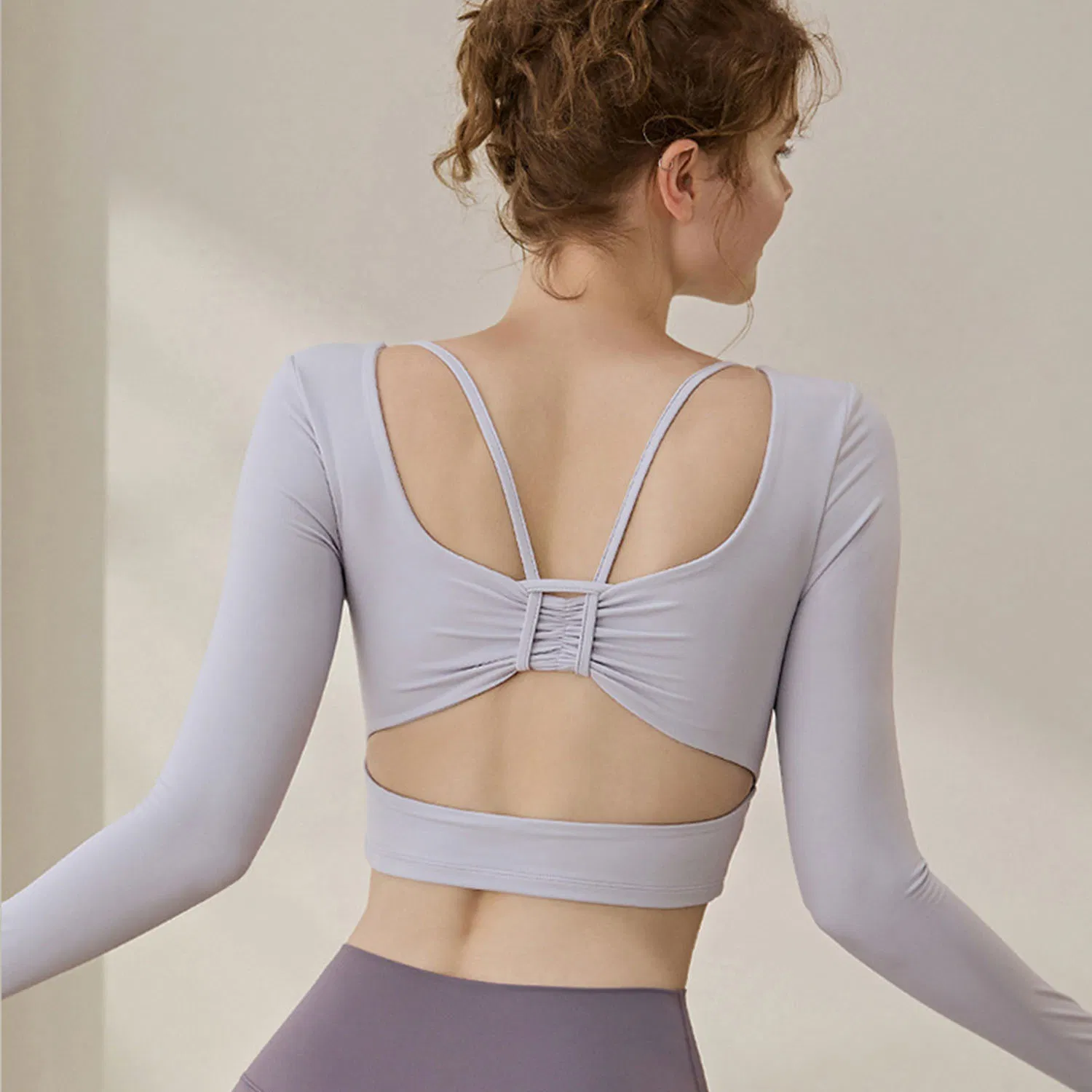 Qumor Women's High-End Fitness Pilates Training Tops Breathable Long Sleeve Sportswear Solid Plaid Print Yoga Seamless