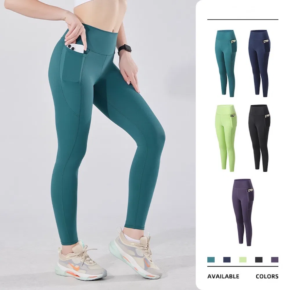 Hot Selling Compression Nylon Athletic Pants Yoga Leggings with Side Pocket, OEM Brand High Waisted Workout Gym Running Sports Tight Trousers for Women