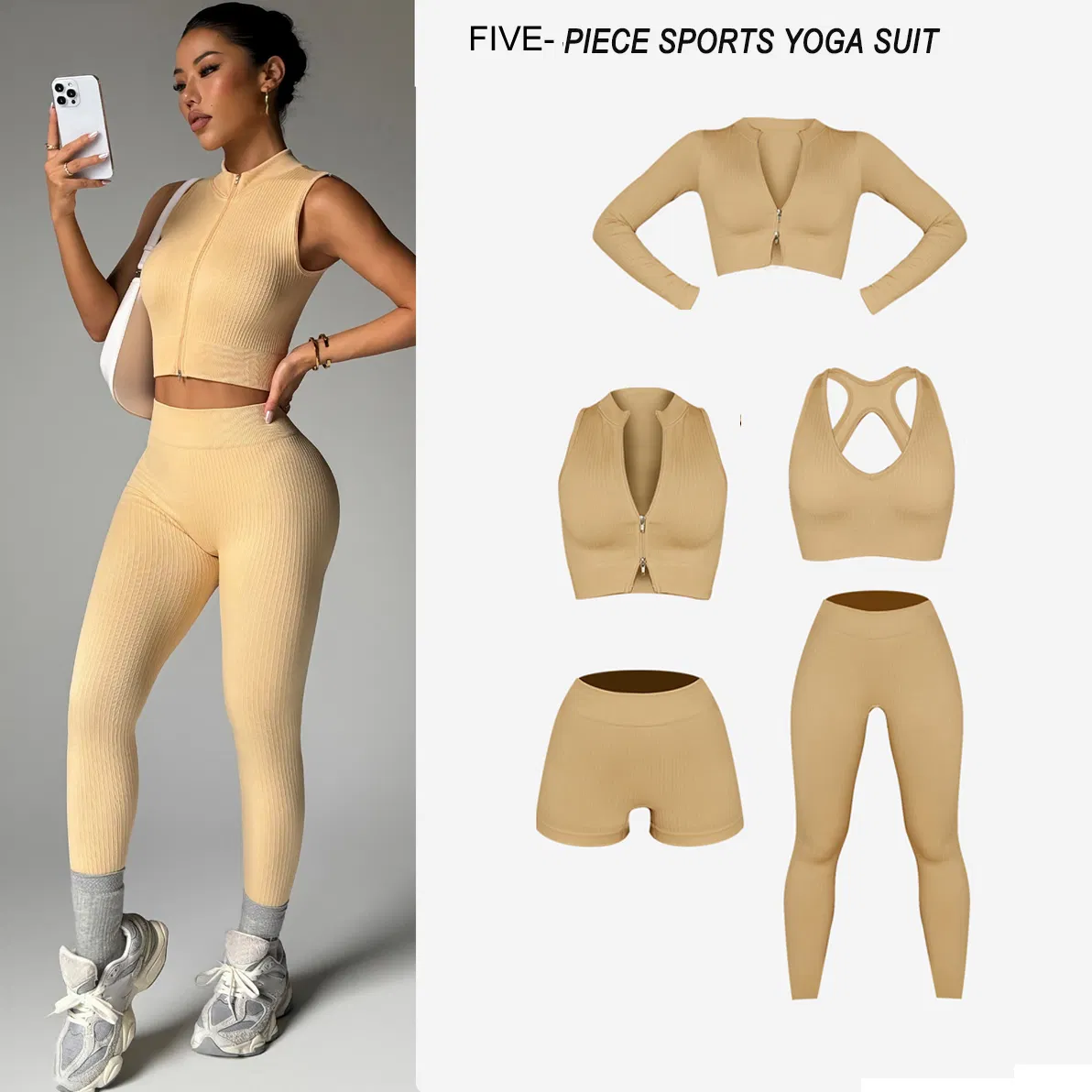 Wholesales 5 PCS Activewear Sports Underwear Fitness Clothes for Women Sports Tank Top Biker Shorts Gym Leggings Jacket Top Yoga Set