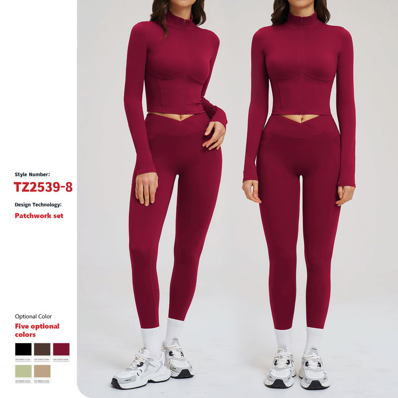 Women Yoga Set Full Zip Stand Collar Crop Top Criss Cross Waistband Leggings High Stretch Activewear