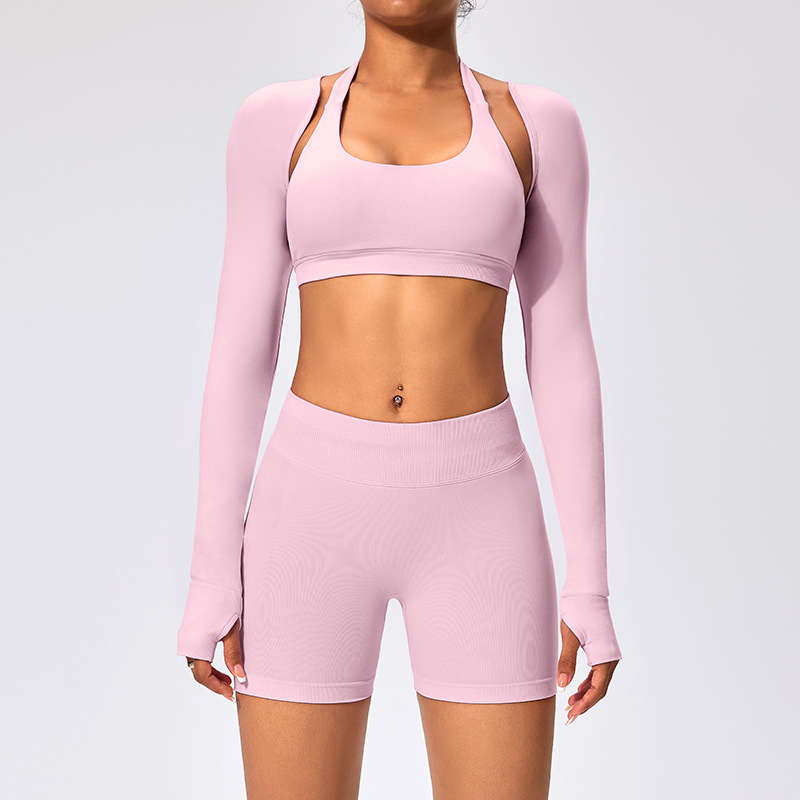 2025 New Ladies Seamless Shorts Set Yoga Bra Fitness Outfit Sports Top Quick-Dry Bra Long Sleeve Jacket High-Waist Shorts Custom Logo