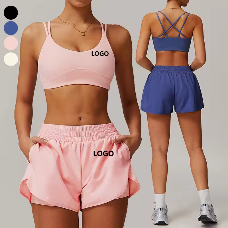 Leisure Side Pocket Fitness Running Lining Shorts Sports Gym Backless Cross Bra Activewear Two Piece Outfit Yoga Set