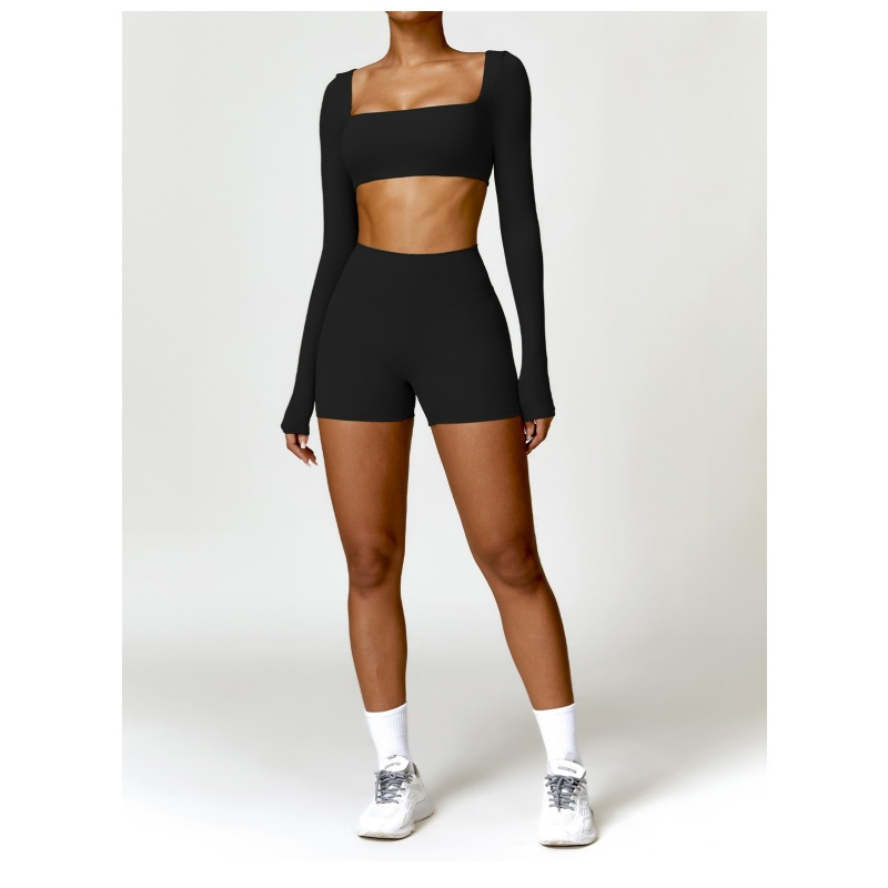 Women 2 Piece Yoga Finesss Activewear Suit Square Neck Long Sleeve Crop Tops High Waist Biker Shorts Workout Gym Sets