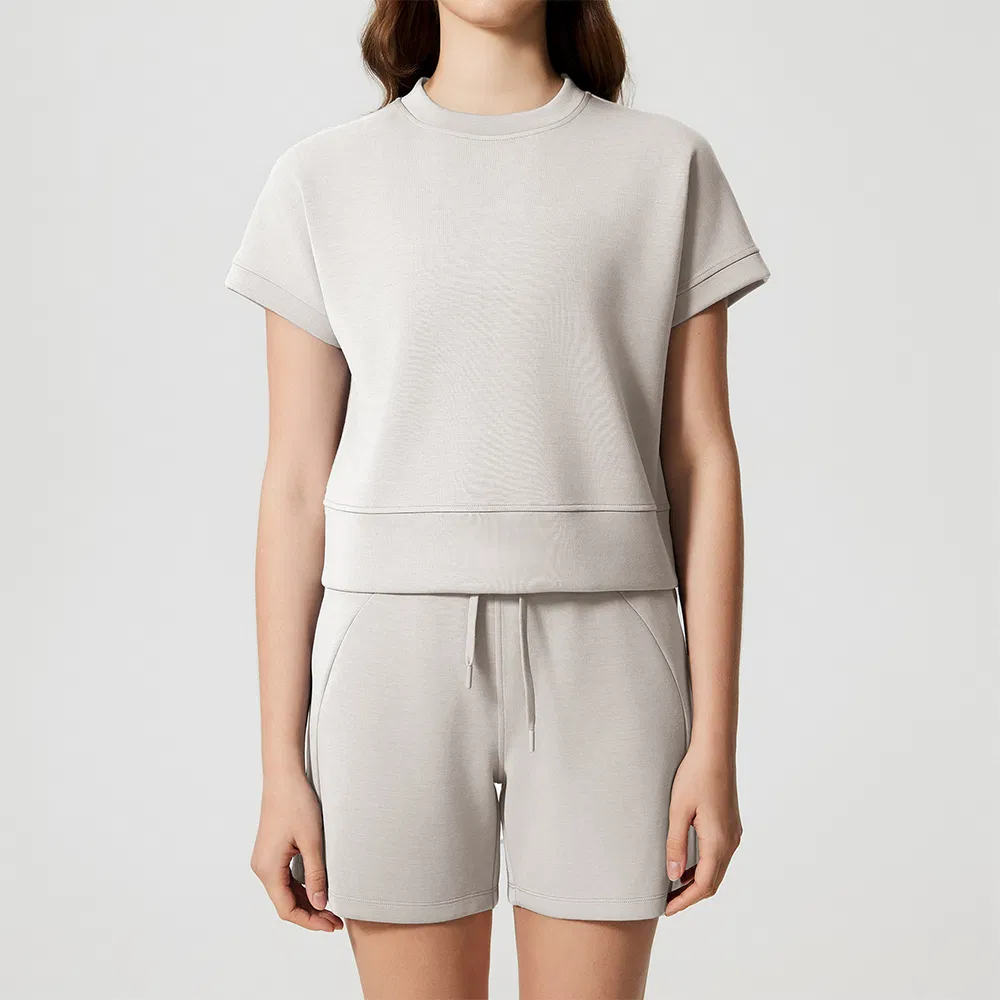 OEM/ODM Custom Activewear Breathable Air-Layer Solid Color Short Sleeve T-Shirts Women Workout Gym Casual Shorts 2 Peice Sets