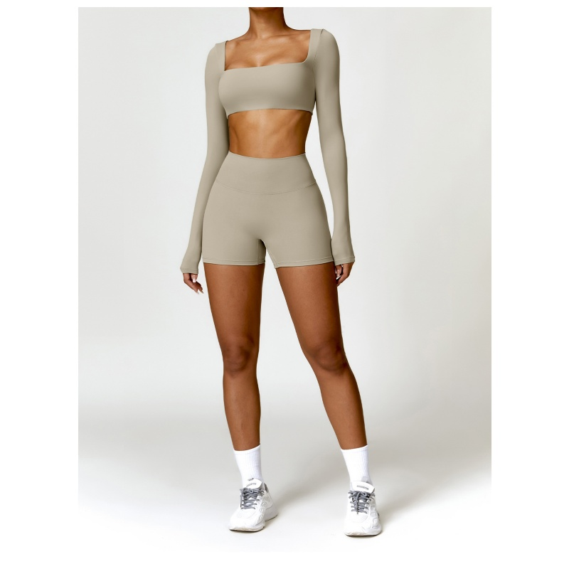 Women 2 Piece Yoga Finesss Activewear Suit Square Neck Long Sleeve Crop Tops High Waist Biker Shorts Workout Gym Sets
