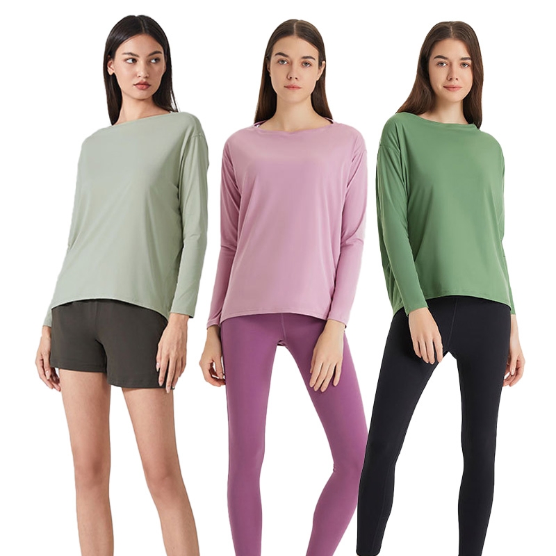 Ds010 Women New Reversible Nude Feeling Loose Long Sleeve Women Slim Breathable Simple Training Fitness Yoga Top