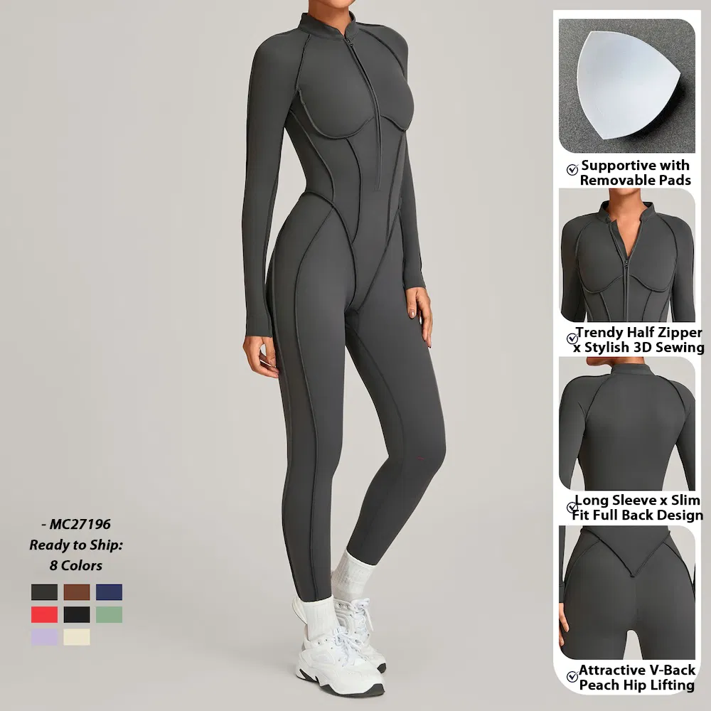 High End Gym Outfits Long Sleeve Workout Bodysuit for Women, One-Piece Casual Sporty Ropa Deportiva Zipup Yoga and Pilates Fitness Romper with Fantastic Sewing