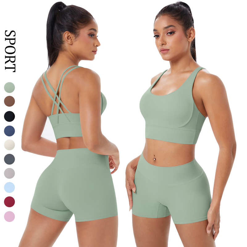 Women's Activewear Workout Set Nylon Spandex Cross-Back Sports Bras Butt Lift Shorts Gym Clothes 2 Pieces Fitness Yoga Outfits